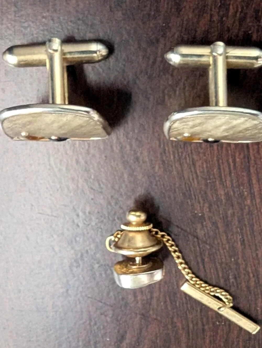 Vintage SWANK Geometric Gold-Tone Cufflinks and Tie Tack Black and Amber MCM